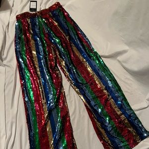 Rainbow sequin trousers glitter sparkly party fashion pants ladies medium
